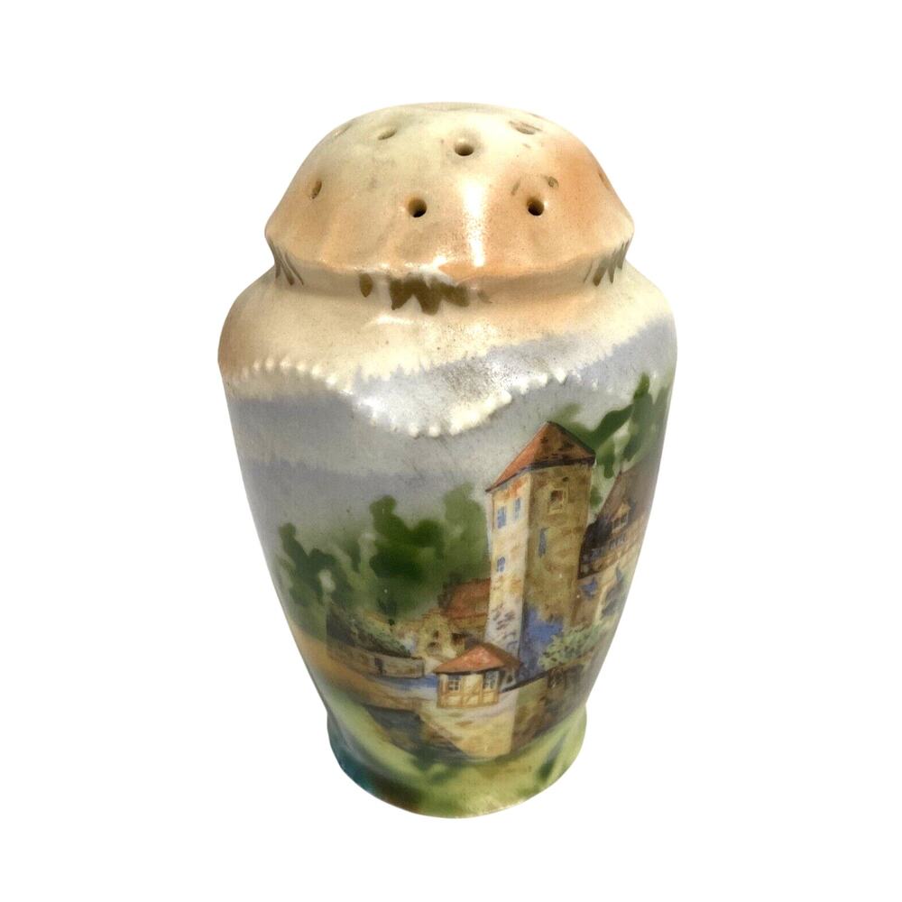 Vintage handpainted porcelain sugar shaker castor muffineer castles landscape